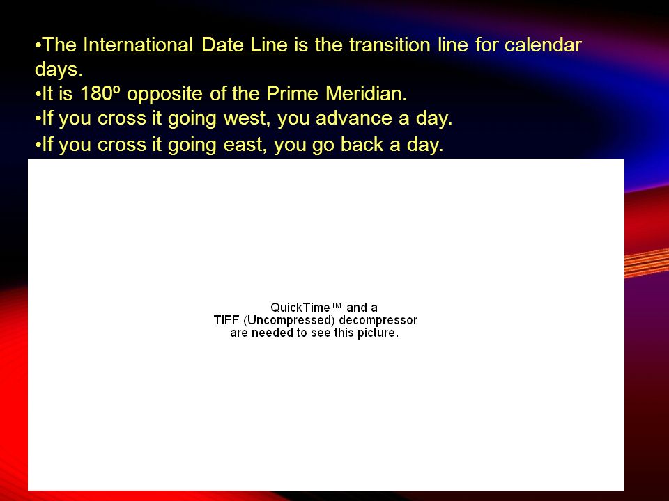 The International Date Line is the transition line for calendar days.