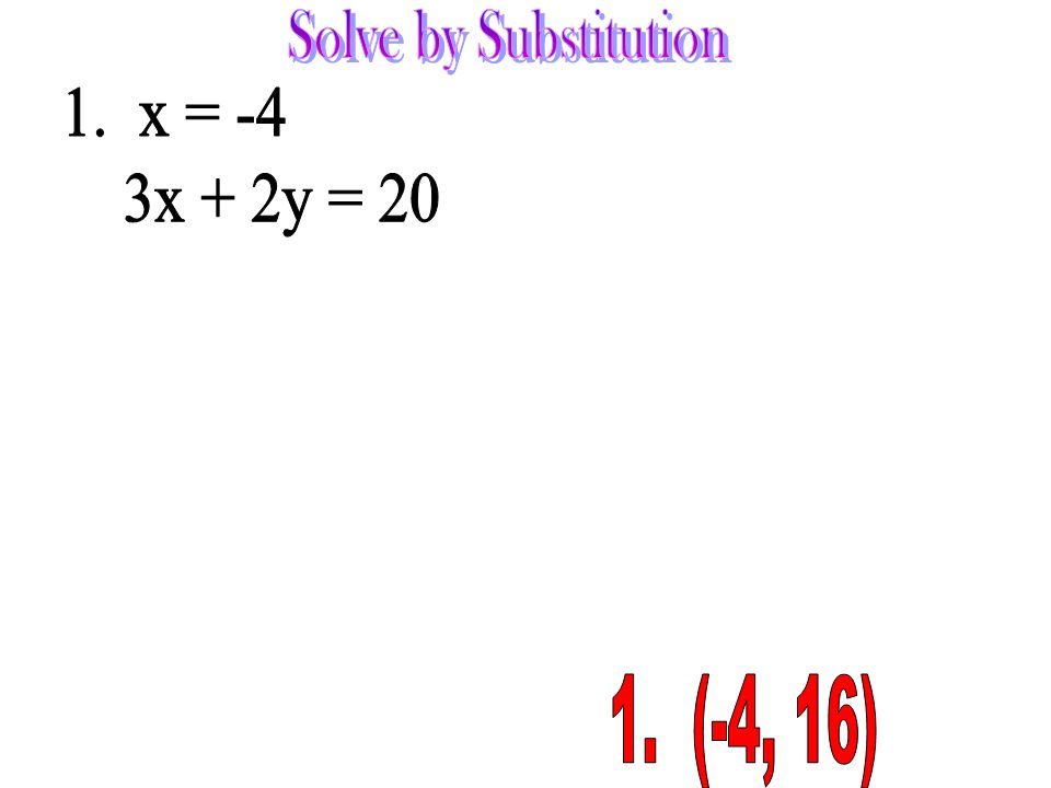 Solve by Substitution 1. x = -4 3x + 2y = (-4, 16)