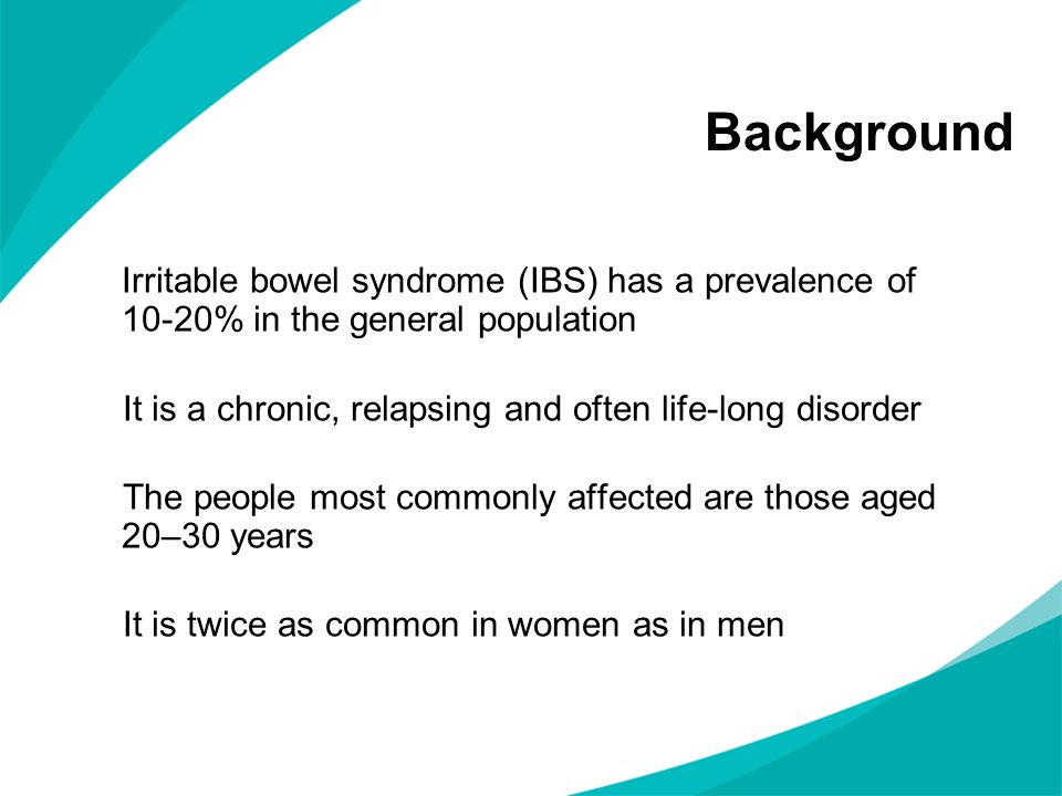 Background Irritable bowel syndrome (IBS) has a prevalence of 10-20% in the general population.