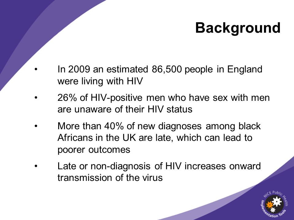 Background In 2009 an estimated 86,500 people in England were living with HIV.