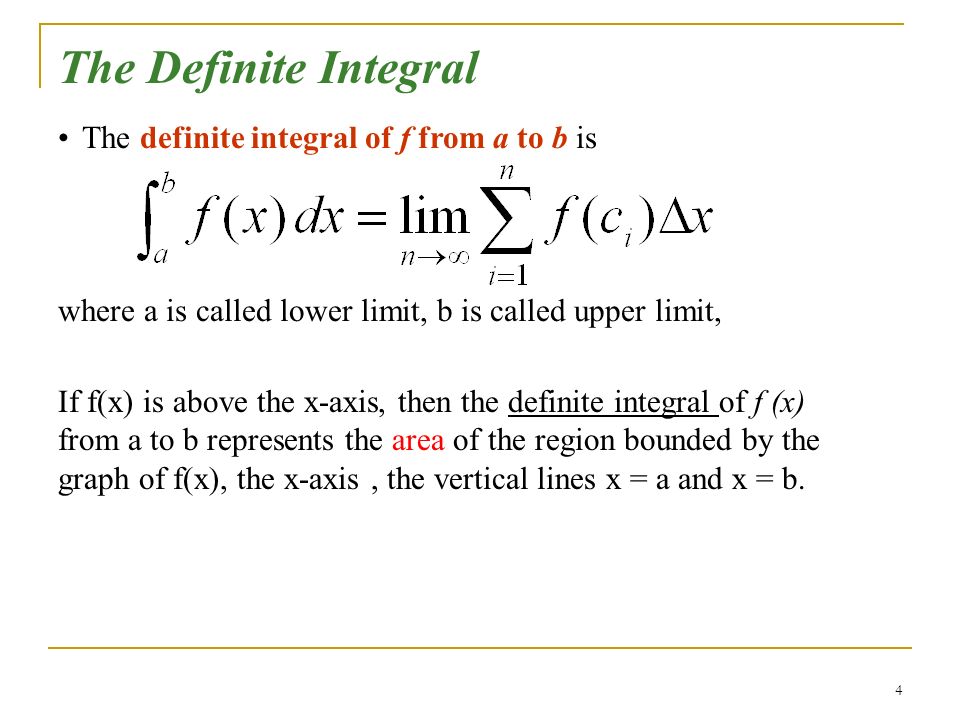 The Definite Integral The definite integral of f from a to b is