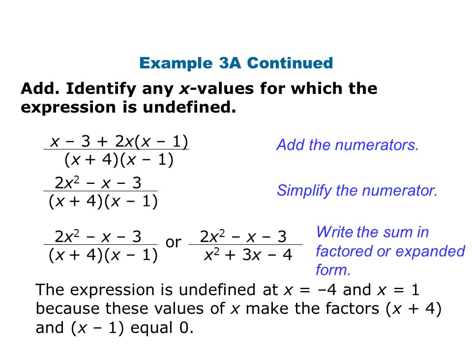Example 3A Continued Add. Identify any x-values for which the expression is undefined. x – 3 + 2x(x – 1)