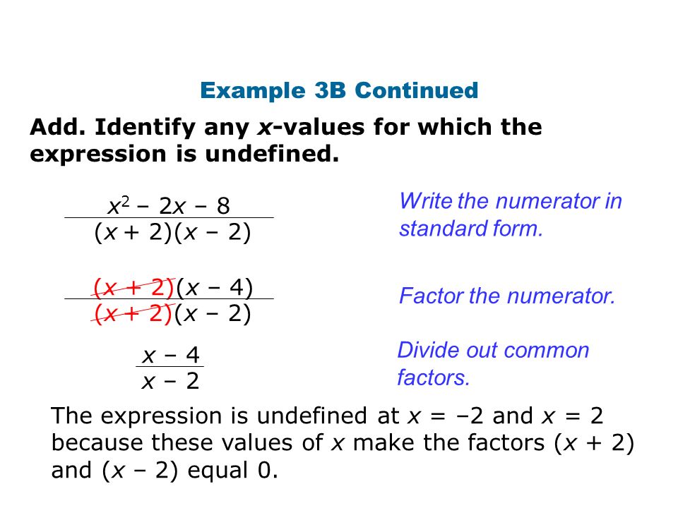 Example 3B Continued Add. Identify any x-values for which the expression is undefined. Write the numerator in standard form.