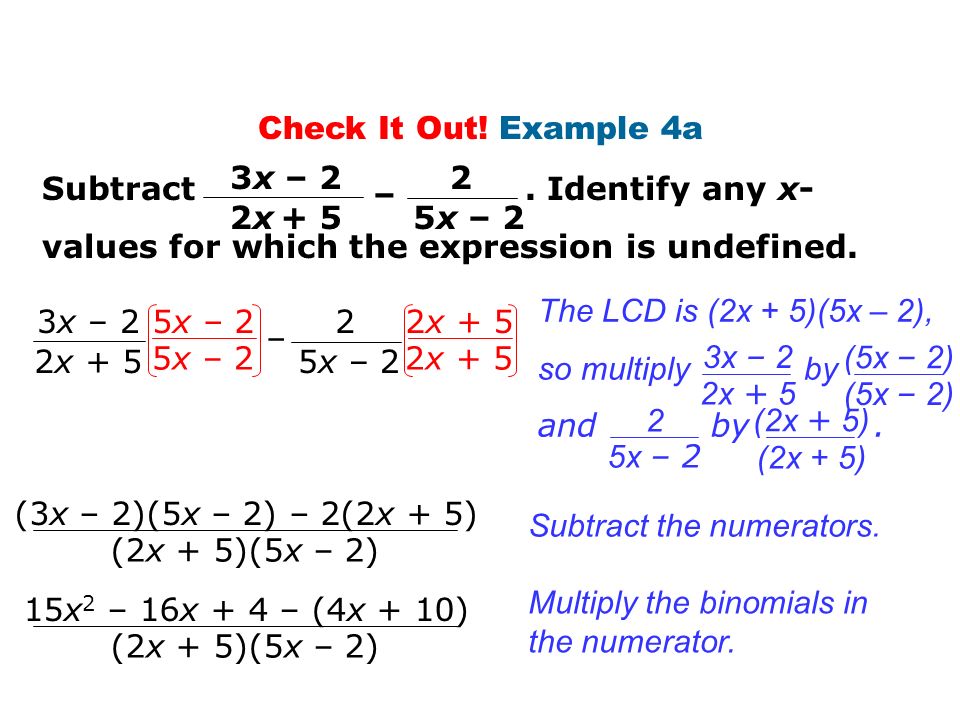 Check It Out! Example 4a Subtract . Identify any x-values for which the expression is undefined.