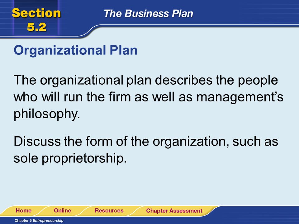 Organizational Plan The organizational plan describes the people who will run the firm as well as management’s philosophy.