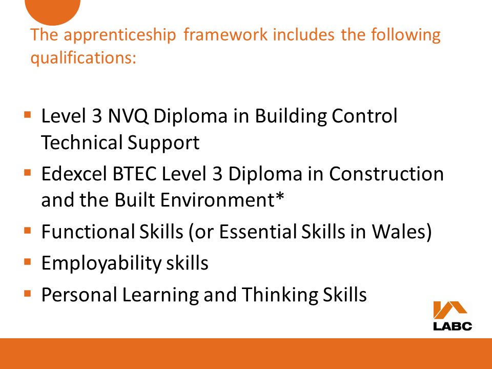 The apprenticeship framework includes the following qualifications: