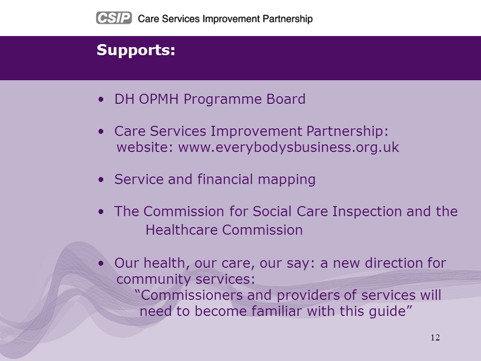 Supports: DH OPMH Programme Board
