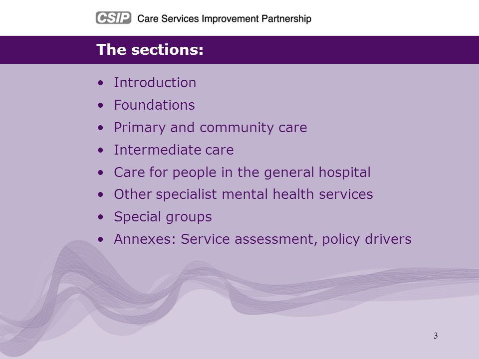 The sections: Introduction Foundations Primary and community care