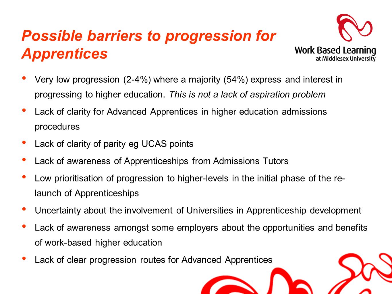 Possible barriers to progression for Apprentices