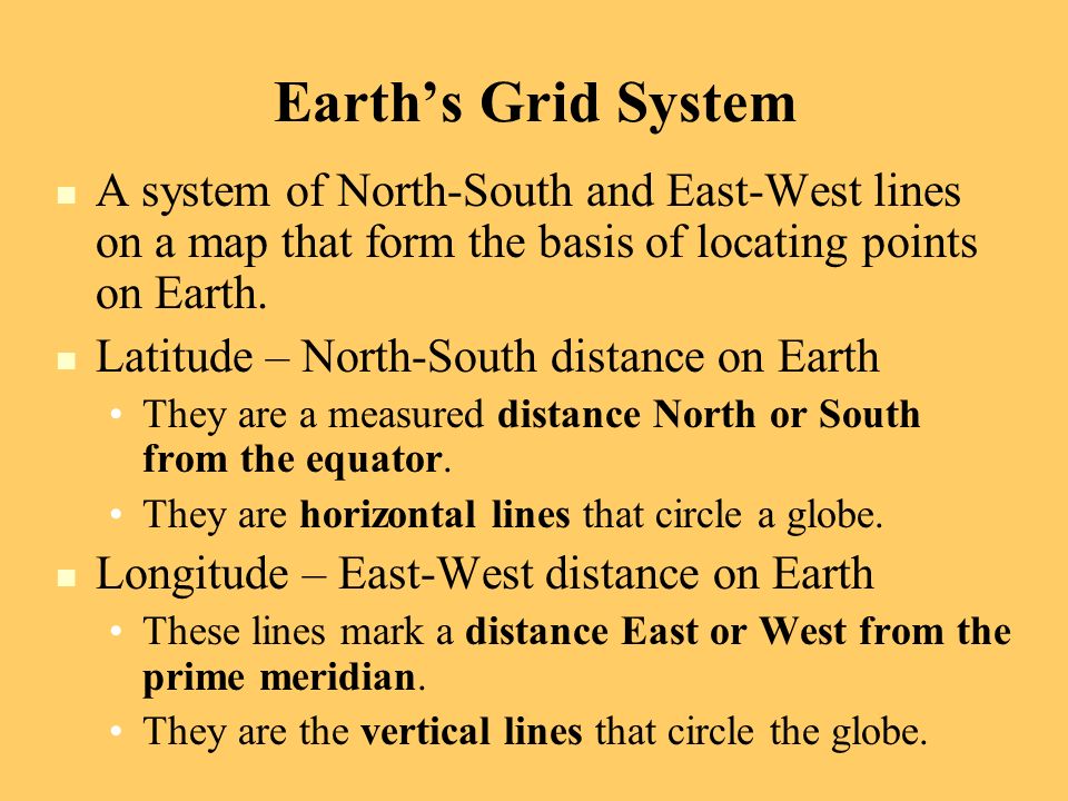 Earth’s Grid System A system of North-South and East-West lines on a map that form the basis of locating points on Earth.