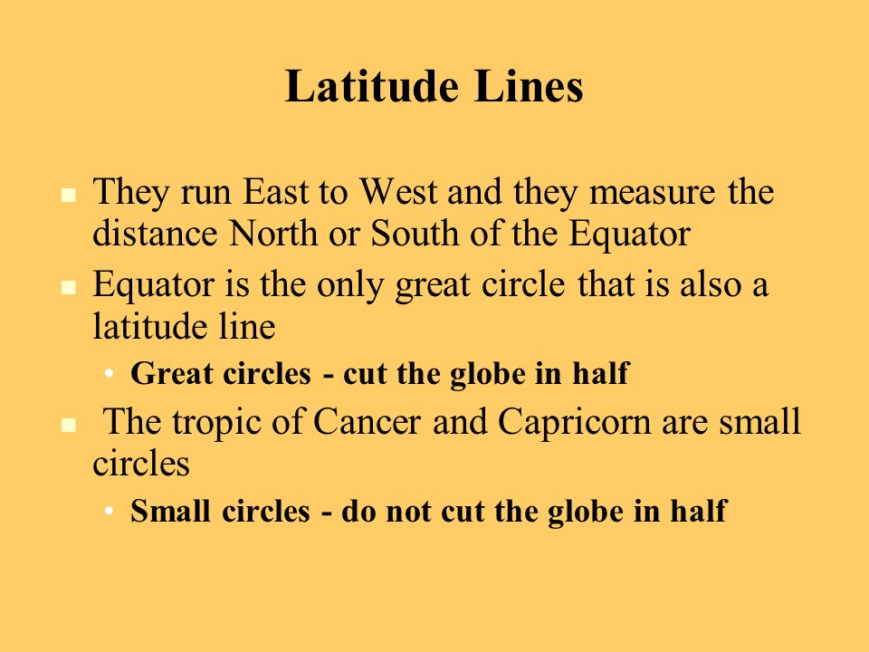 Latitude Lines They run East to West and they measure the distance North or South of the Equator.
