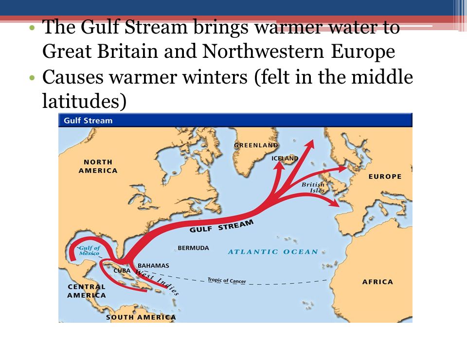The Gulf Stream brings warmer water to Great Britain and Northwestern Europe