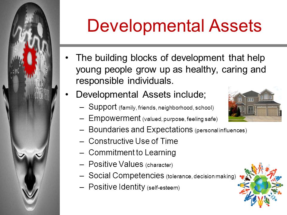 Developmental Assets The building blocks of development that help young people grow up as healthy, caring and responsible individuals.