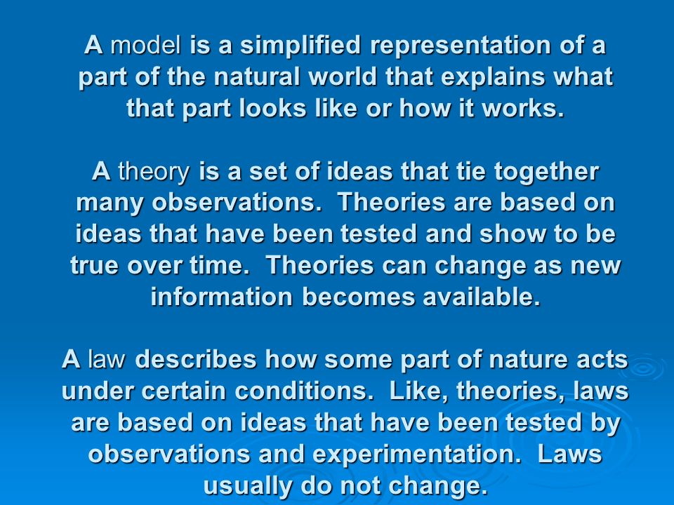 A model is a simplified representation of a part of the natural world that explains what that part looks like or how it works.