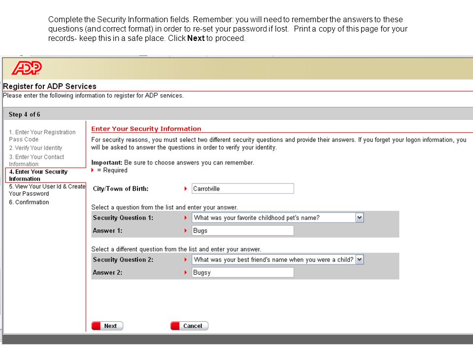 Complete the Security Information fields