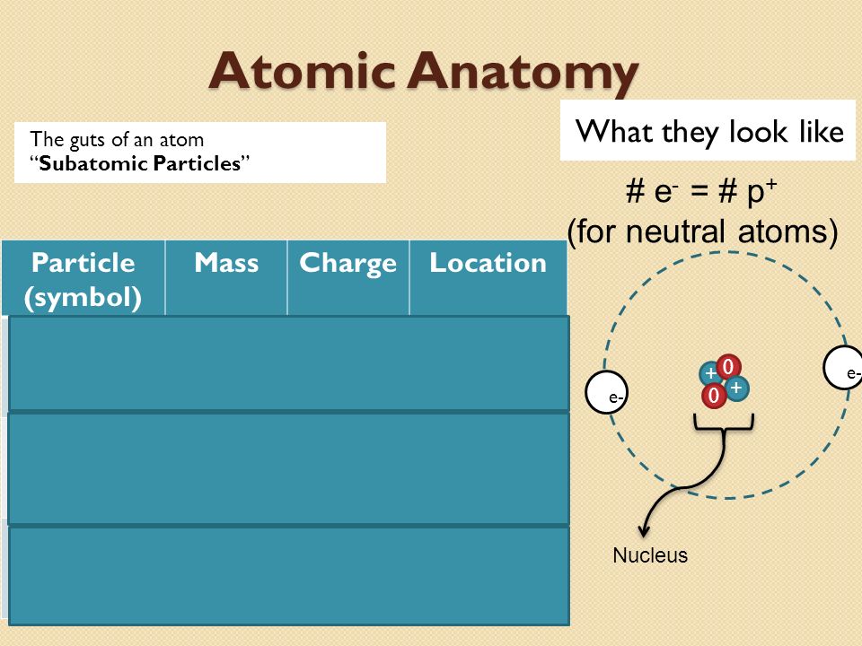 Atomic Anatomy Proton p+ 1 amu + nucleus neutron n0 Electron e-