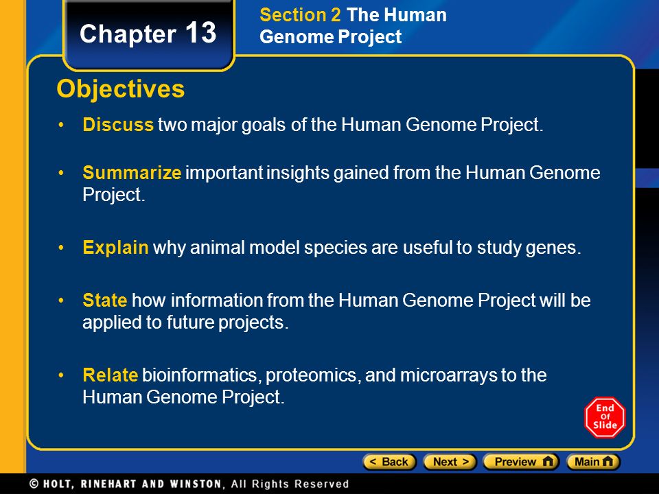Chapter 13 Objectives Section 2 The Human Genome Project