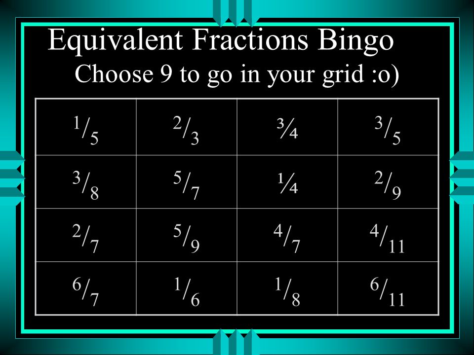 Equivalent Fractions Bingo Choose 9 to go in your grid :o)