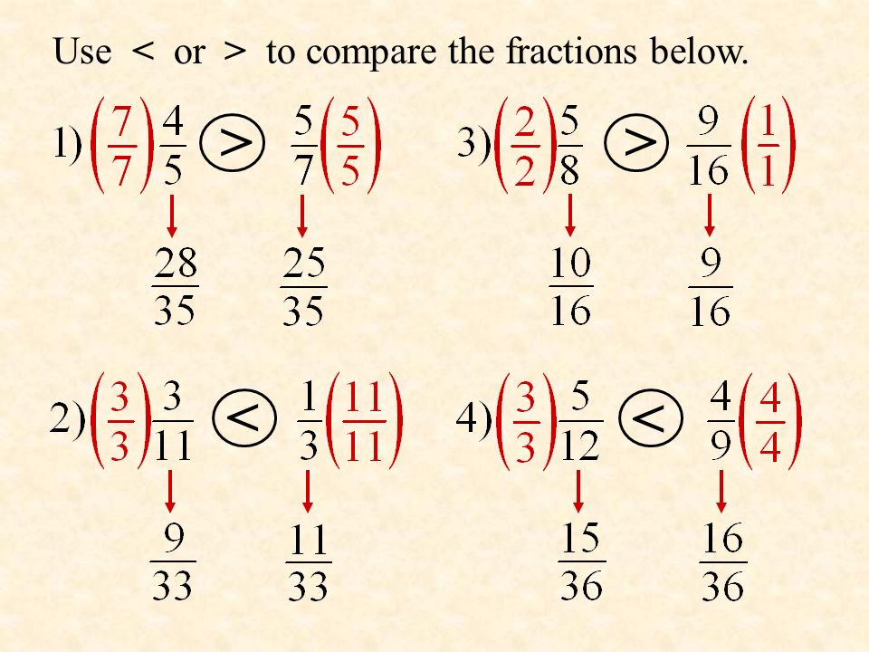 Use < or > to compare the fractions below.