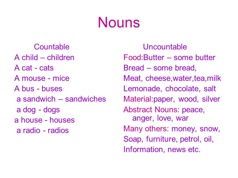 Nouns Countable A child – children A cat - cats A mouse - mice