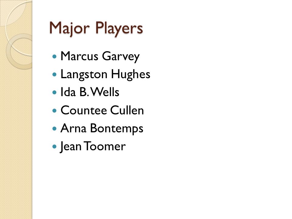 Major Players Marcus Garvey Langston Hughes Ida B. Wells