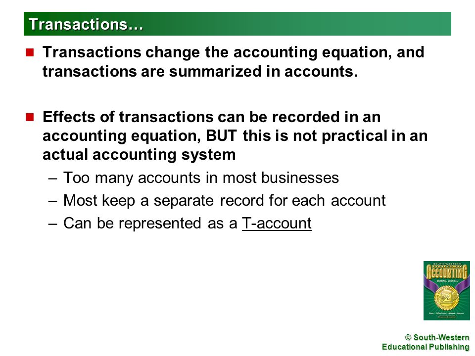 Transactions… Transactions change the accounting equation, and transactions are summarized in accounts.
