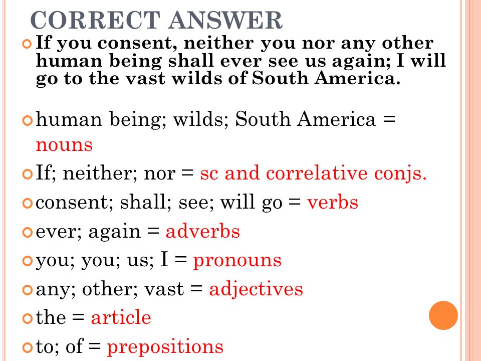 CORRECT ANSWER human being; wilds; South America = nouns