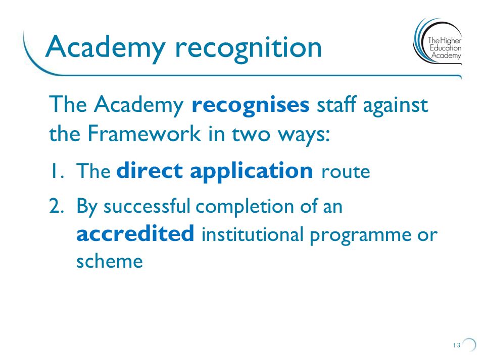 Academy recognition The Academy recognises staff against the Framework in two ways: The direct application route.