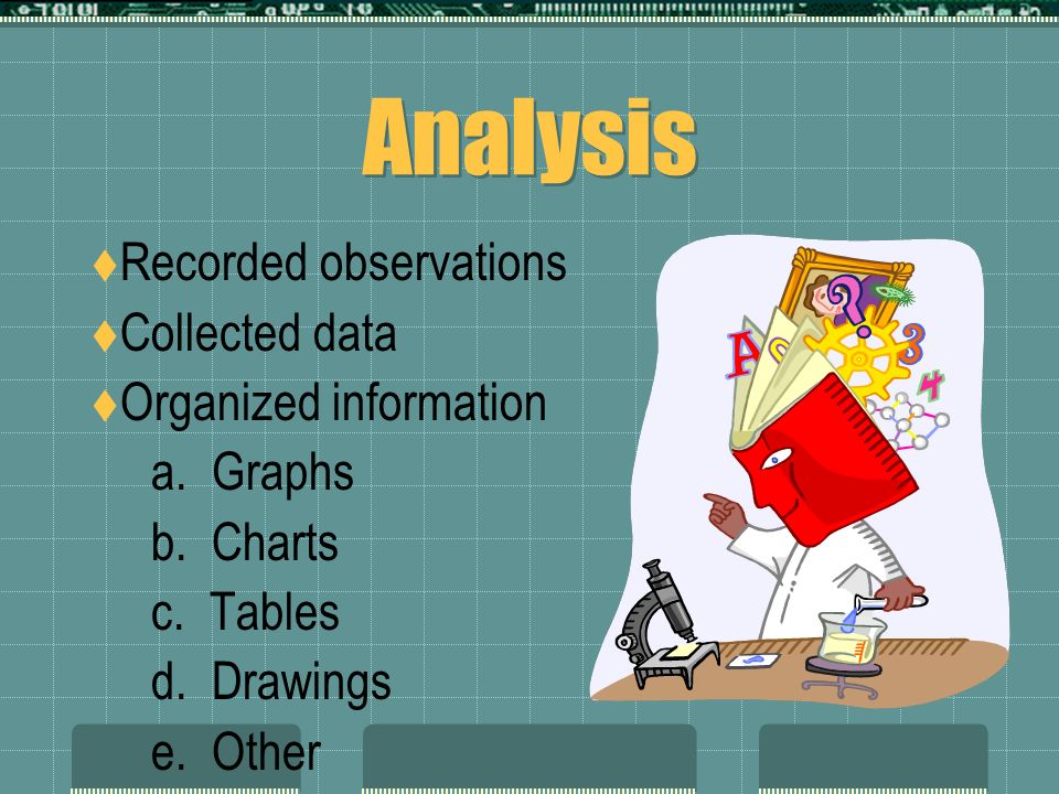 Analysis Recorded observations Collected data Organized information