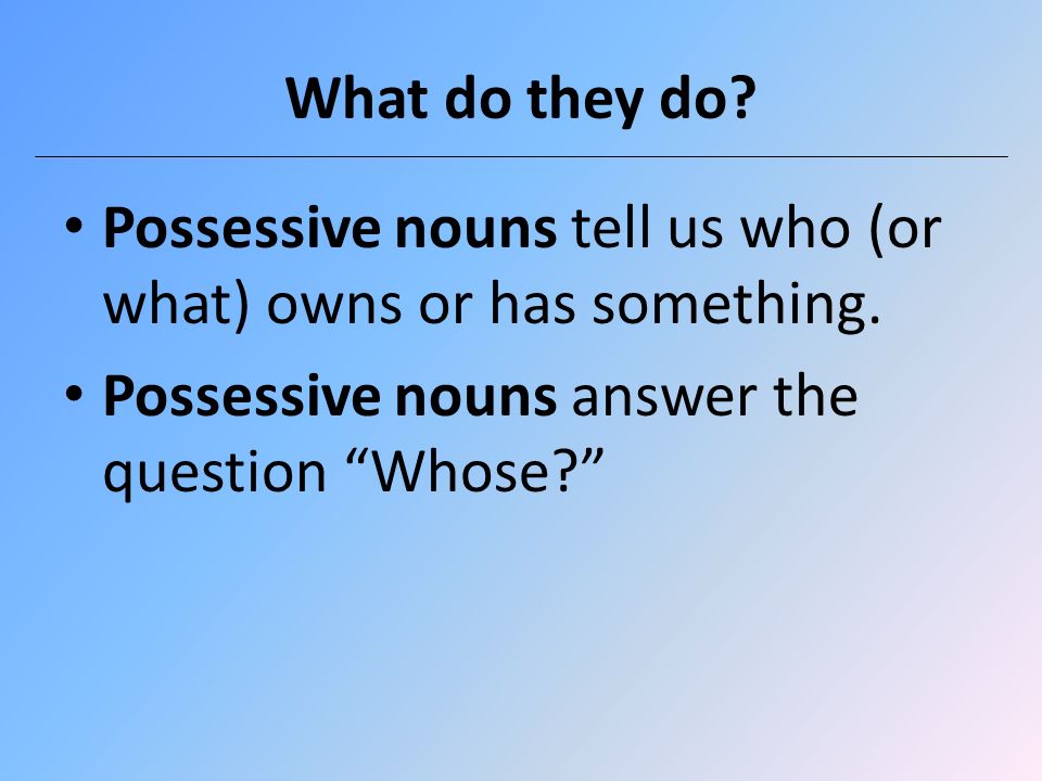 What do they do. Possessive nouns tell us who (or what) owns or has something.