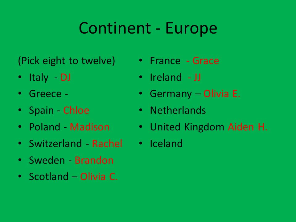 Continent - Europe (Pick eight to twelve) Italy - DJ Greece -
