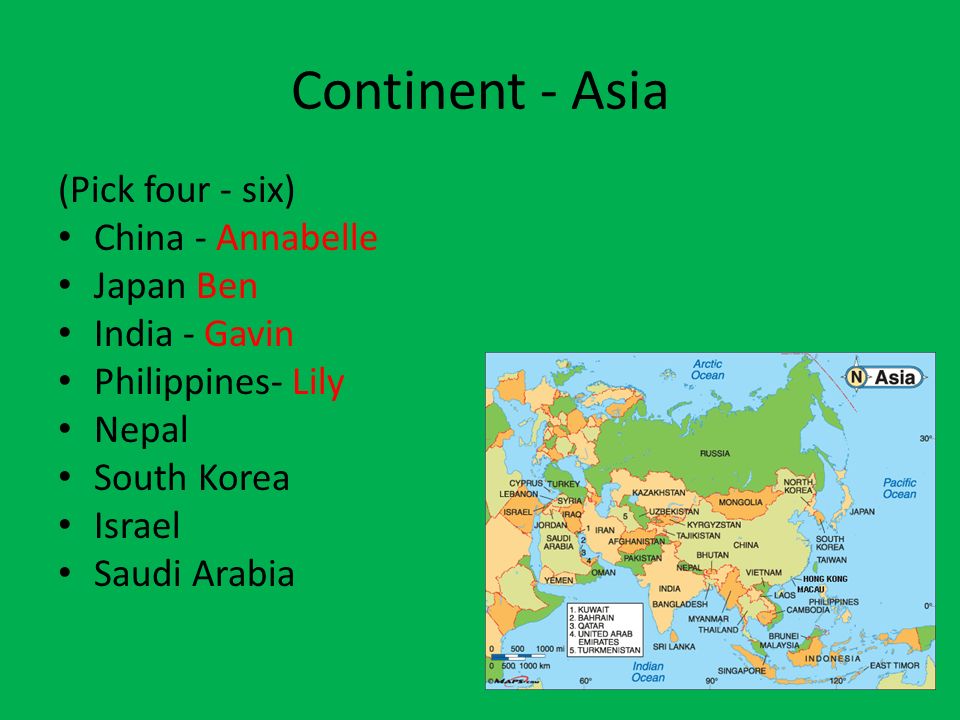 Continent - Asia (Pick four - six) China - Annabelle Japan Ben