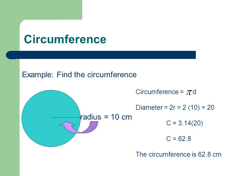 Circumference Example: Find the circumference radius = 10 cm