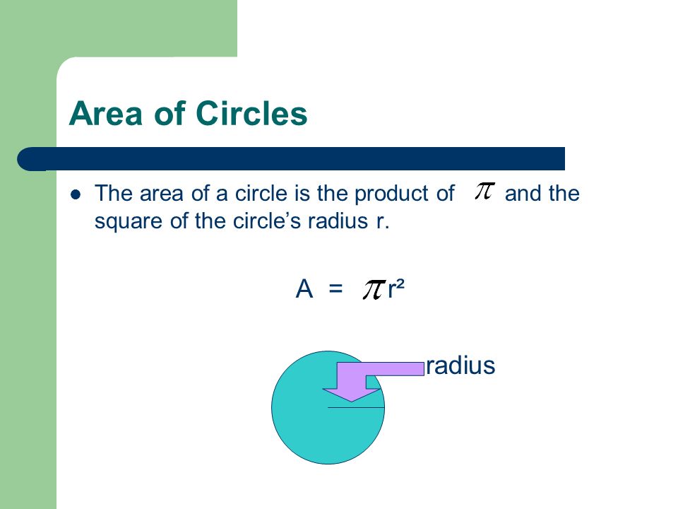 Area of Circles The area of a circle is the product of and the square of the circle’s radius r.