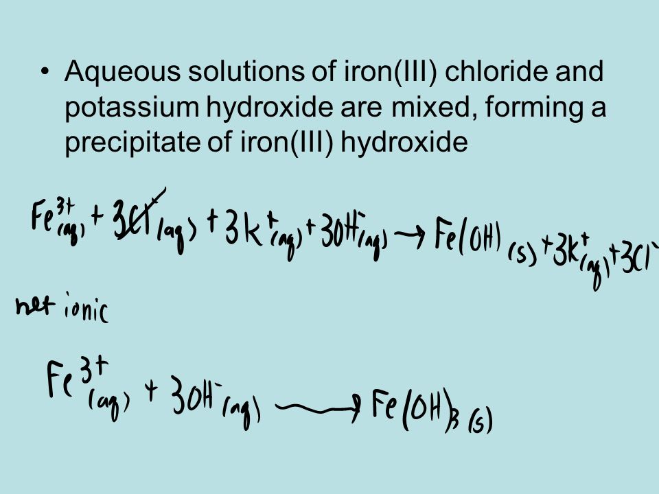 Aqueous solutions of iron(III) chloride and potassium hydroxide are mixed, forming a precipitate of iron(III) hydroxide