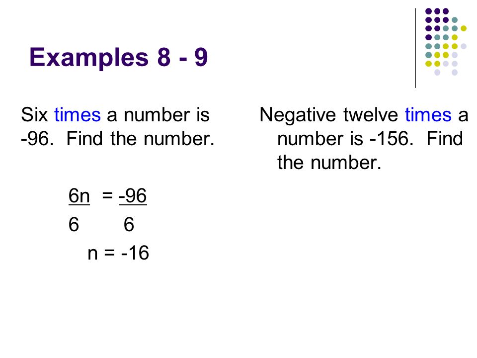 Examples Six times a number is -96. Find the number. 6n = -96