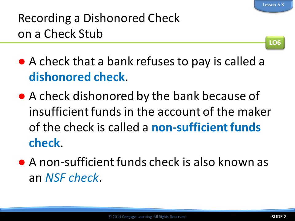 Recording a Dishonored Check on a Check Stub