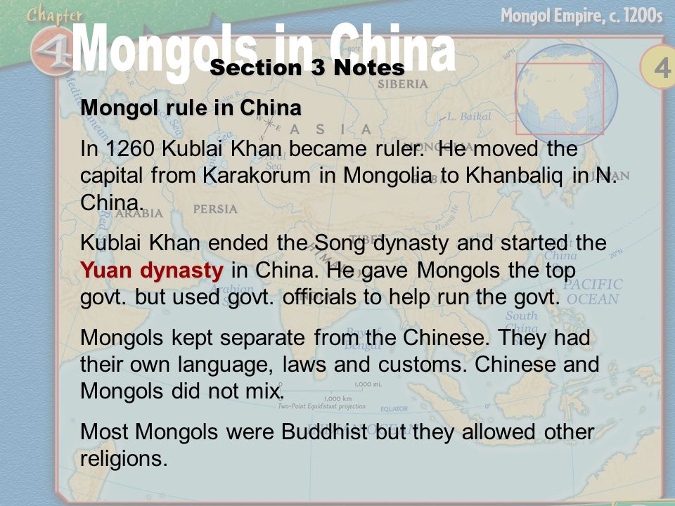 Section 3 Notes Mongol rule in China. In 1260 Kublai Khan became ruler. He moved the capital from Karakorum in Mongolia to Khanbaliq in N. China.