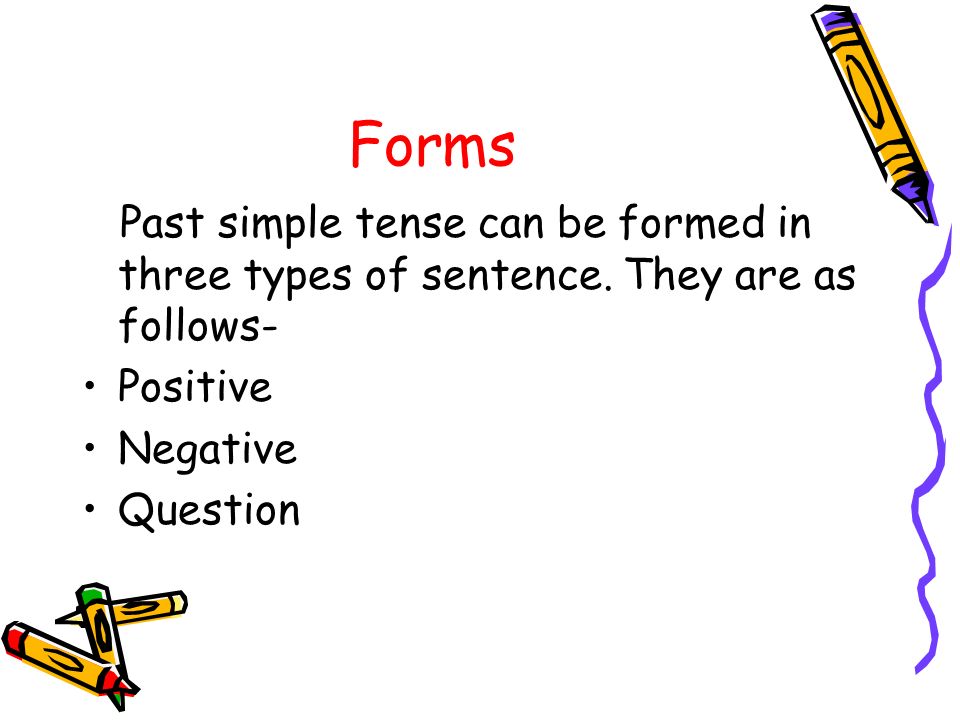 Forms Past simple tense can be formed in three types of sentence. They are as follows- Positive. Negative.