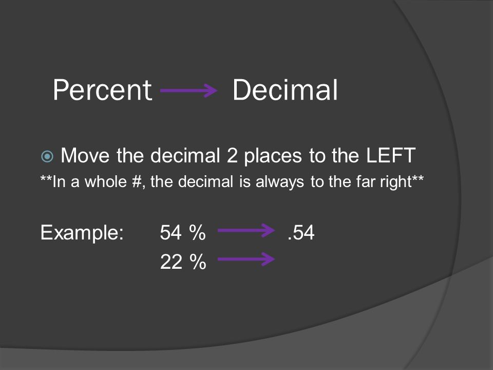 Percent Decimal Move the decimal 2 places to the LEFT