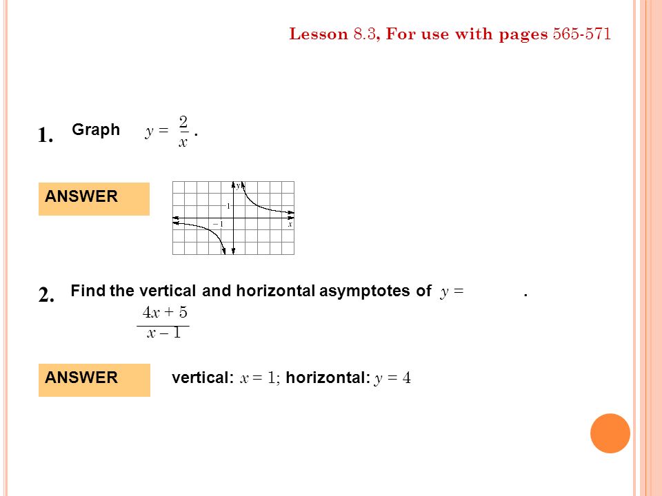 1. 2. Lesson 8.3, For use with pages x – . Graph y = ANSWER