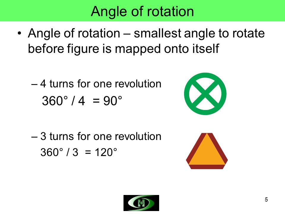 Angle of rotation Angle of rotation – smallest angle to rotate before figure is mapped onto itself.