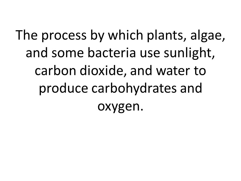 The process by which plants, algae, and some bacteria use sunlight, carbon dioxide, and water to produce carbohydrates and oxygen.