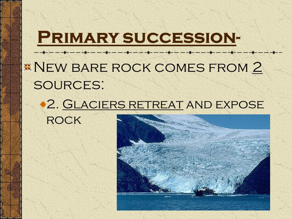Primary succession- New bare rock comes from 2 sources: