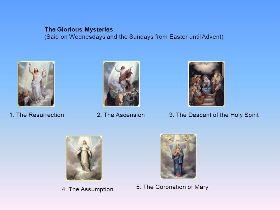 The Glorious Mysteries (Said on Wednesdays and the Sundays from Easter until Advent)
