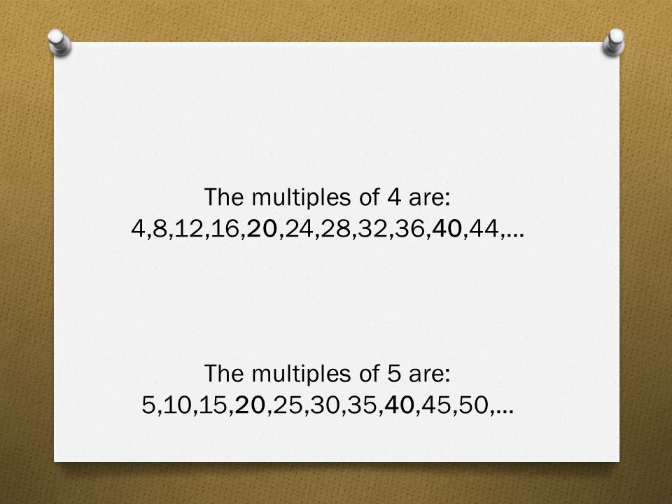 The multiples of 4 are: 4,8,12,16,20,24,28,32,36,40,44,...