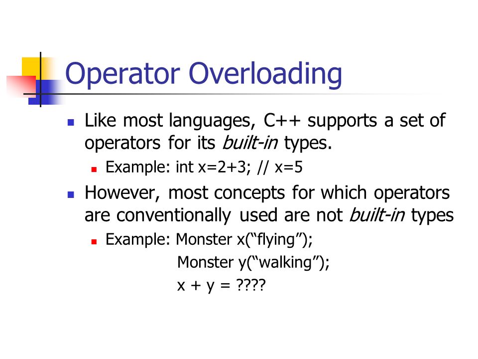 Operator Overloading Like Most Languages C Supports A Set Of Operators For Its Built In Types Example Int X 2 3 X 5 However Most Concepts For Ppt Video Online Download