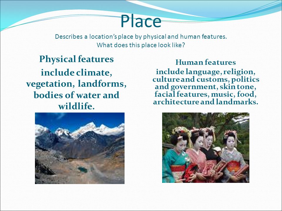 include climate, vegetation, landforms, bodies of water and wildlife.