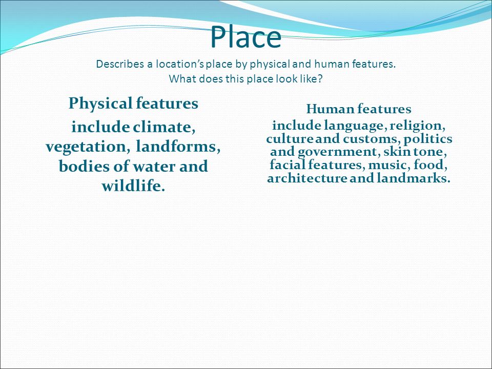 include climate, vegetation, landforms, bodies of water and wildlife.
