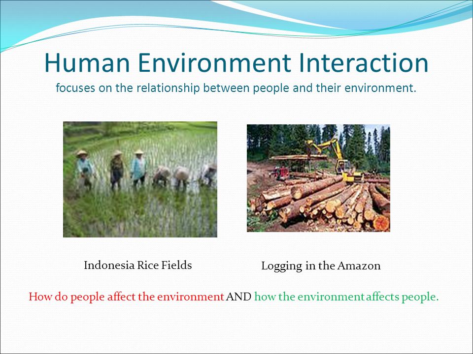 Human Environment Interaction focuses on the relationship between people and their environment.